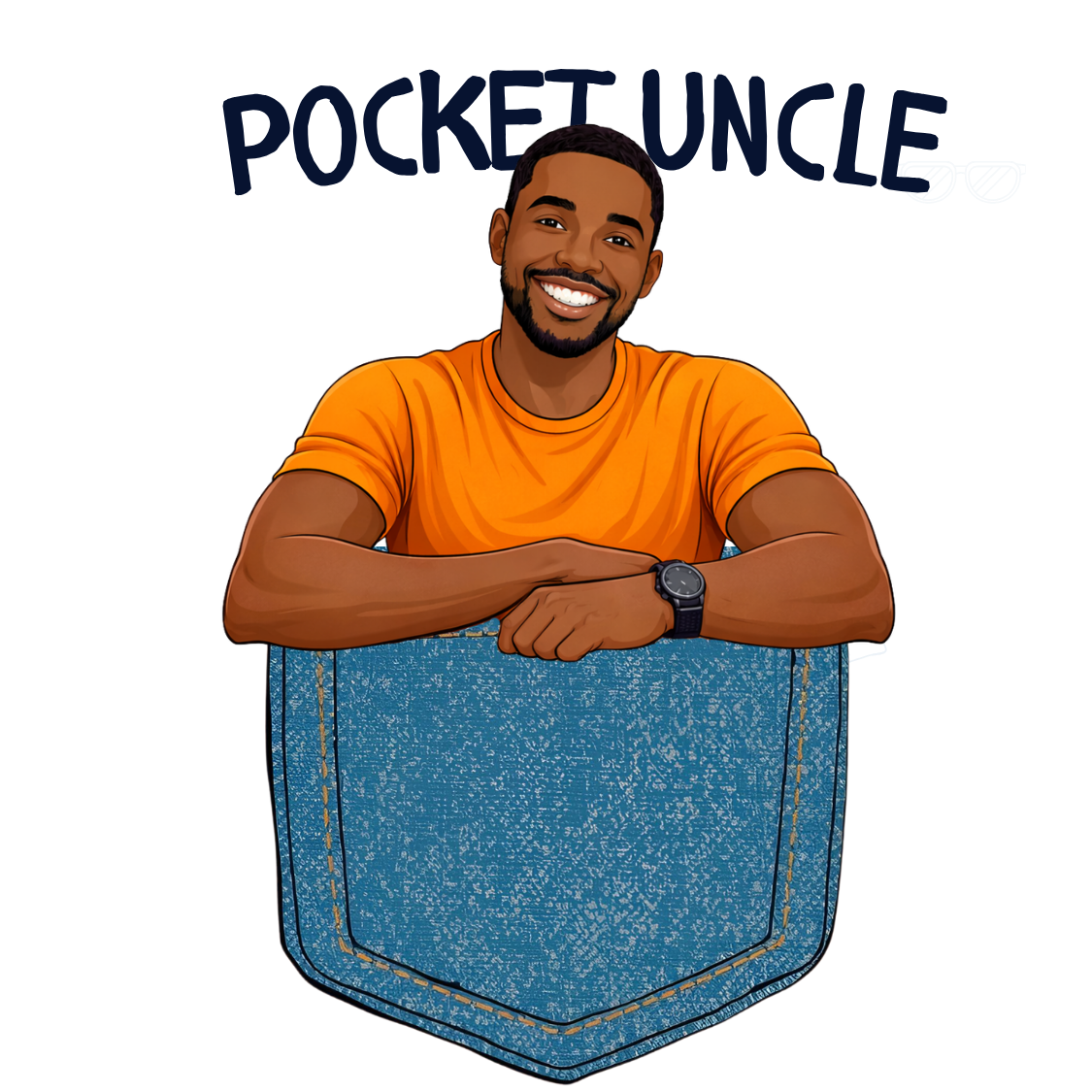 Pocket Uncle illustrated character leaning over a denim pocket